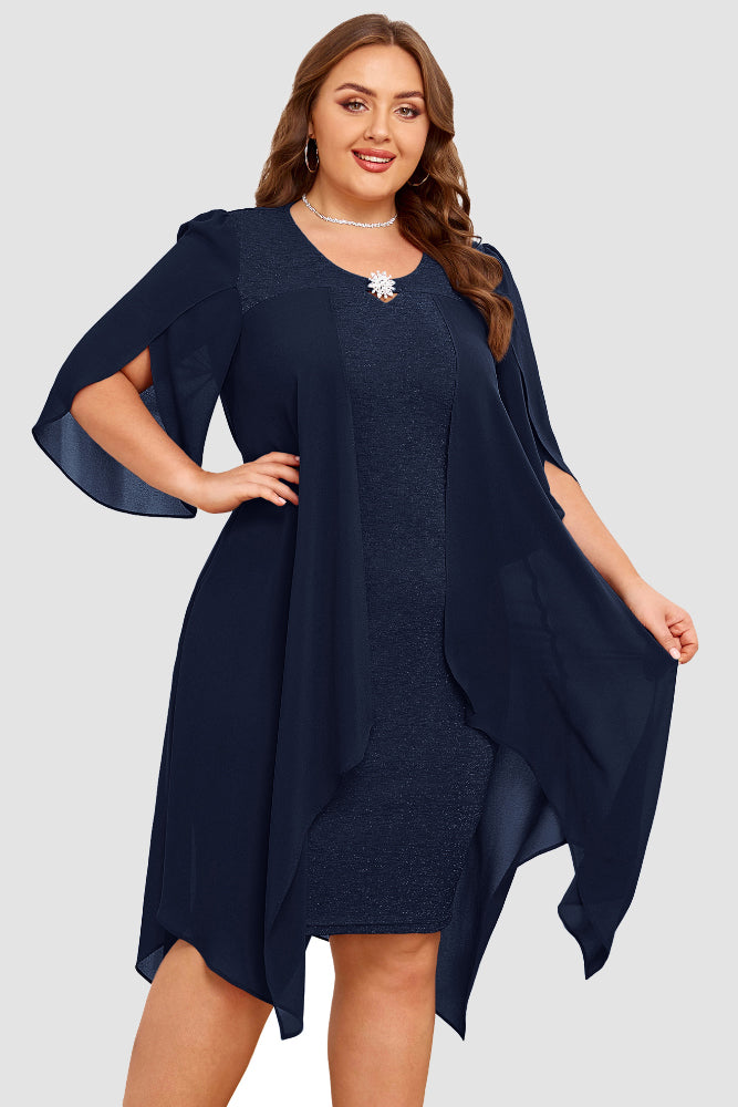 HN Women Plus Size Faux Twinset Dress 1/2 Petal Sleeve Crew Neck Bodycon DressHanna Nikole - Hanna Nikole#color_navy-blue