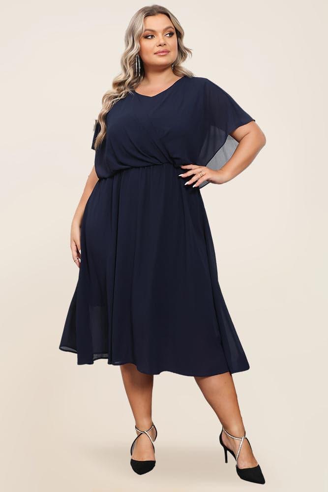 HN Women Plus Size Chiffon Dress Cape Sleeve V-Neck Elastic Waist A-Line Dress - Hanna Nikole