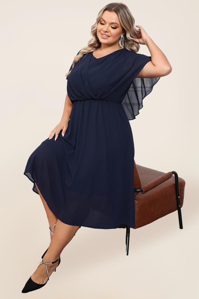 HN Women Plus Size Chiffon Dress Cape Sleeve V-Neck Elastic Waist A-Line  Dress