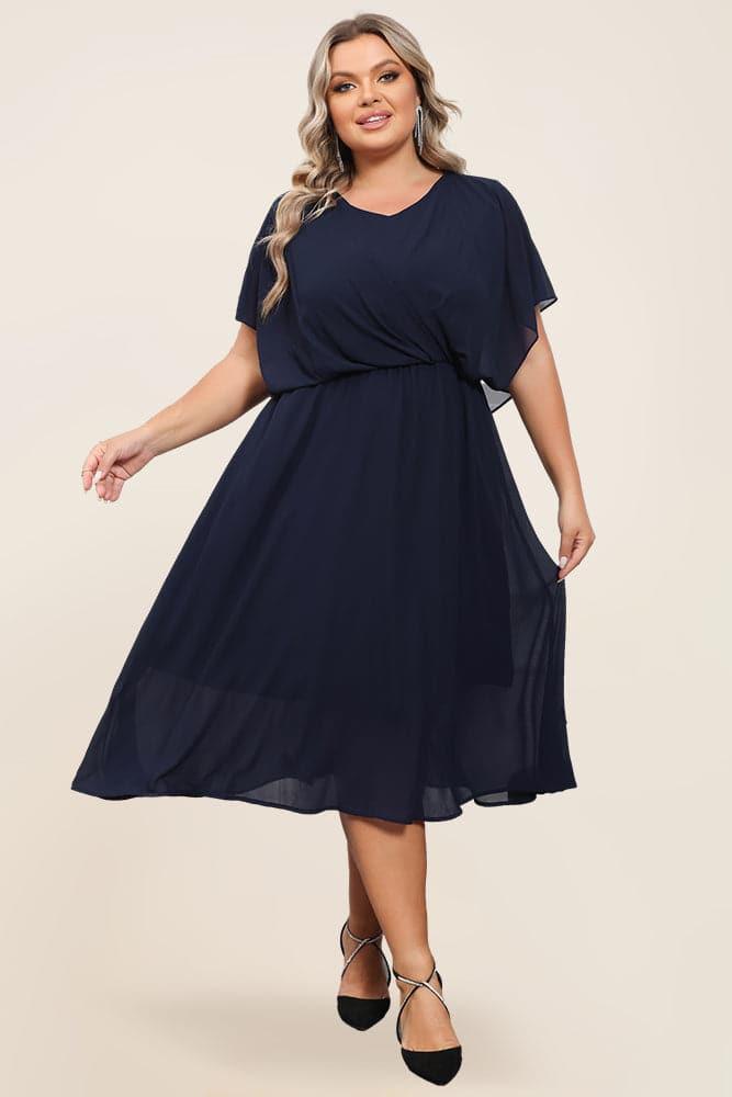 HN Women Plus Size Chiffon Dress Cape Sleeve V-Neck Elastic Waist A-Line  Dress