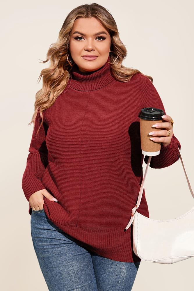 HN Women Plus Size Turtleneck Sweater Dropped Shoulder Side Slit Pullover - Hanna Nikole