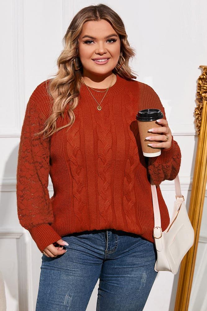 HN Women Plus Size Lace Patchwork Sweater Cable Pattern Long Sleeve Pullover - Hanna Nikole