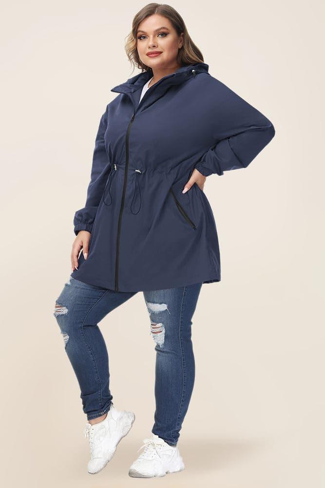 HN Women Plus Size Drawstring Waist Rain Coat Above Knee HN Women Plus Size Drawstring Waist Rain Coat Above Knee