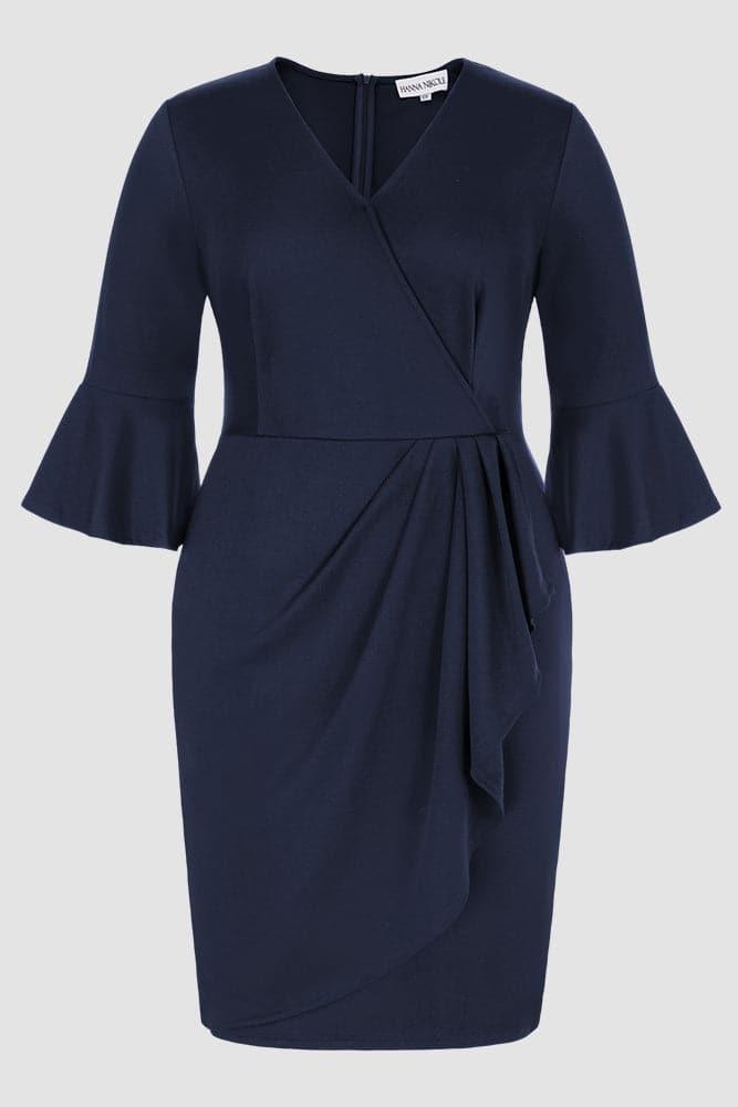 HN Overlay Decorated 3/4 Sleeve V-Neck Straight Dress - Hanna Nikole#color_navy