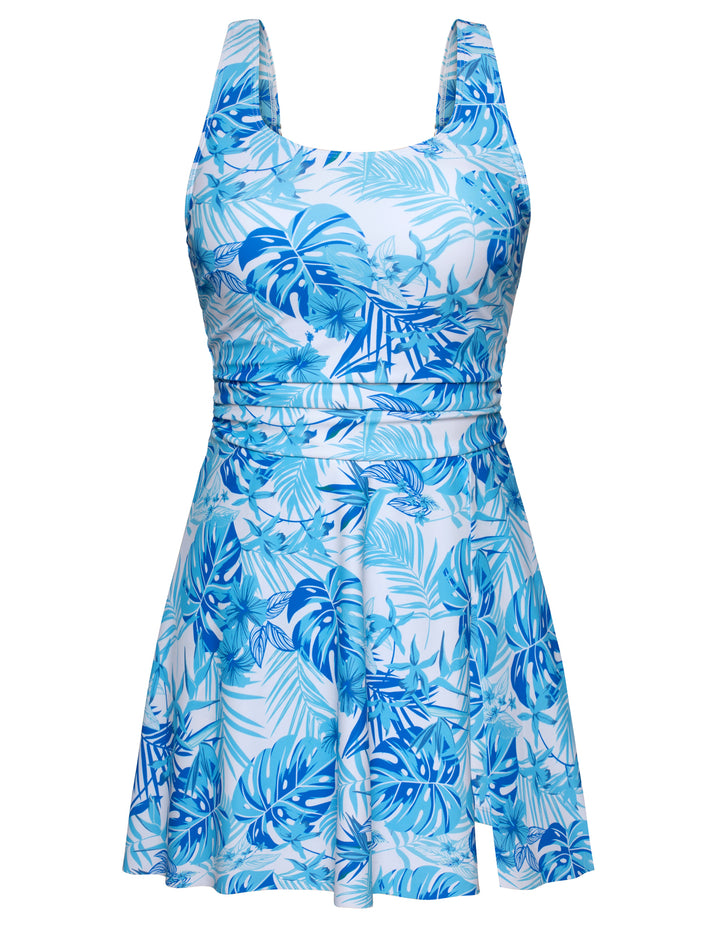 KK Women 2pcs Set Swimsuit Front Slit Padded Swim Dress+High Waist Briefs