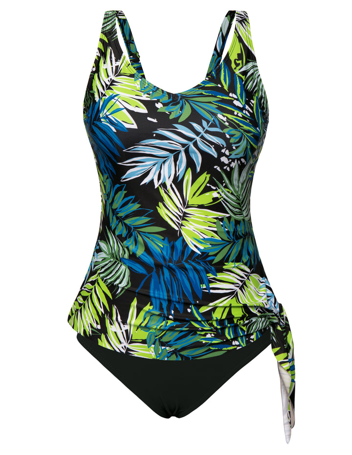 KK Women 2pcs Set Swimsuit V-Neck Padded Swim Tops+High Waist Briefs Swimwear