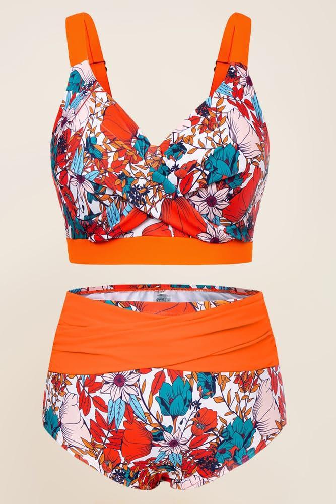 HN Women Plus Size 2pcs Set Swimsuit Cross Over Padded Tops+High Waist Briefs - Hanna Nikole#color_orange-flower