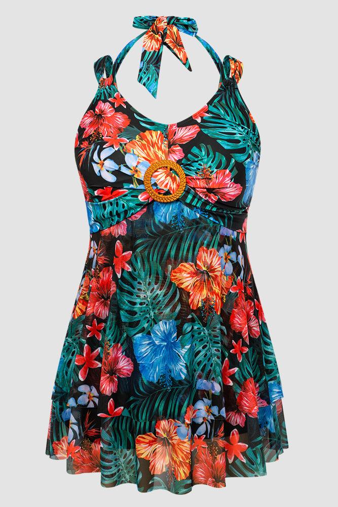HN Women Plus Size 2pcs Set Swimsuit V-Neck Padded Swim Dress+Briefs Swimwear - Hanna Nikole#color_red-flower-green-leaves