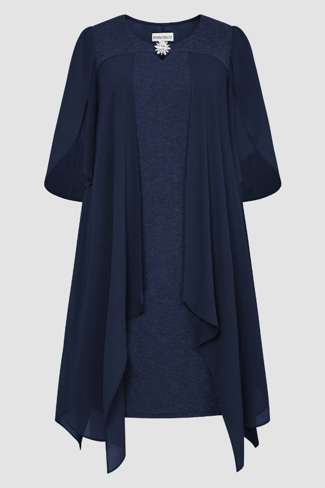 HN Women Plus Size Faux Twinset Dress 1/2 Petal Sleeve Crew Neck Bodycon DressHanna Nikole - Hanna Nikole#color_navy-blue