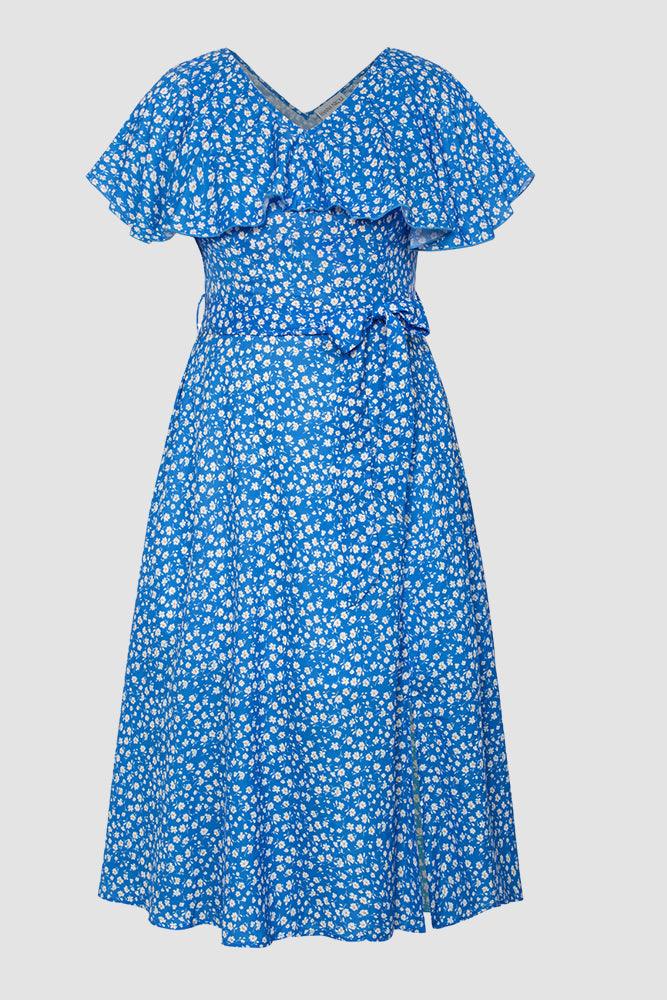 HN Women Plus Size Elastic Waist Dress V-Neck Front Slit Flared A-Line Dress - Hanna Nikole#color_blue-flowers