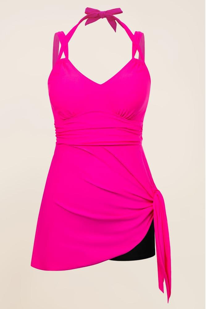 HN Women Plus Size 2pcs Set Irregular Hem Padded Dress+Briefs Swimwear - Hanna Nikole#color_rose-red
