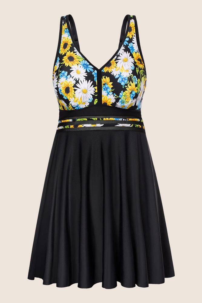HN Women Plus Size 2pcs Set Swimsuit V-Neck Padded A-Line Tops+Boxer Briefs - Hanna Nikole#color_sunflower