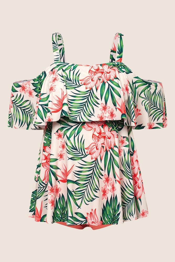 HN Women Plus Size 2pcs Set Swim Suit Padded Swim Tops+High Waist Briefs - Hanna Nikole#color_red-green-flower