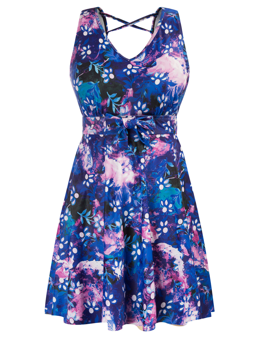 KK Women Separated Swimsuit Sleeveless V-Neck Swim Dress+Briefs Swimwear