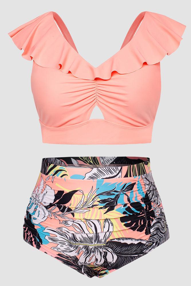 Women Plus Size 2pcs Set Swimsuit Padded V-Neck Swim Tops+Briefs - Hanna Nikole#color_pink