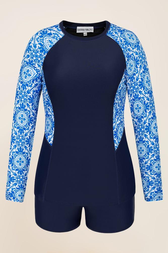 HN Women Plus Size Contrast Color Swimsuit Long Sleeve Tops+High Waist Briefs - Hanna Nikole#color_blue-white-porcelain