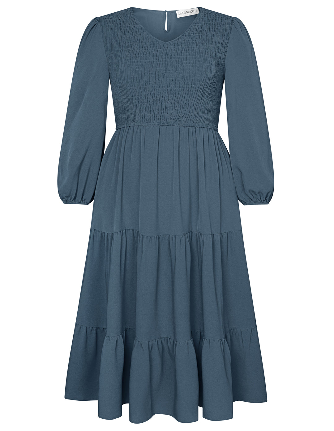 HN Women Plus Size Elastic Waist Dress Long Sleeve V-Neck Tiered A-Line Dress