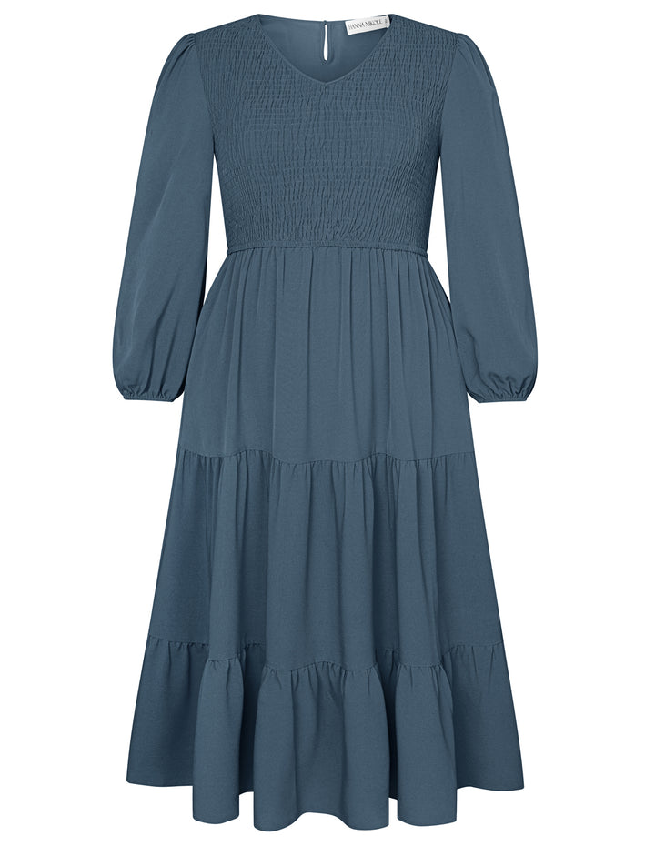 HN Women Plus Size Elastic Waist Dress Long Sleeve V-Neck Tiered A-Line Dress