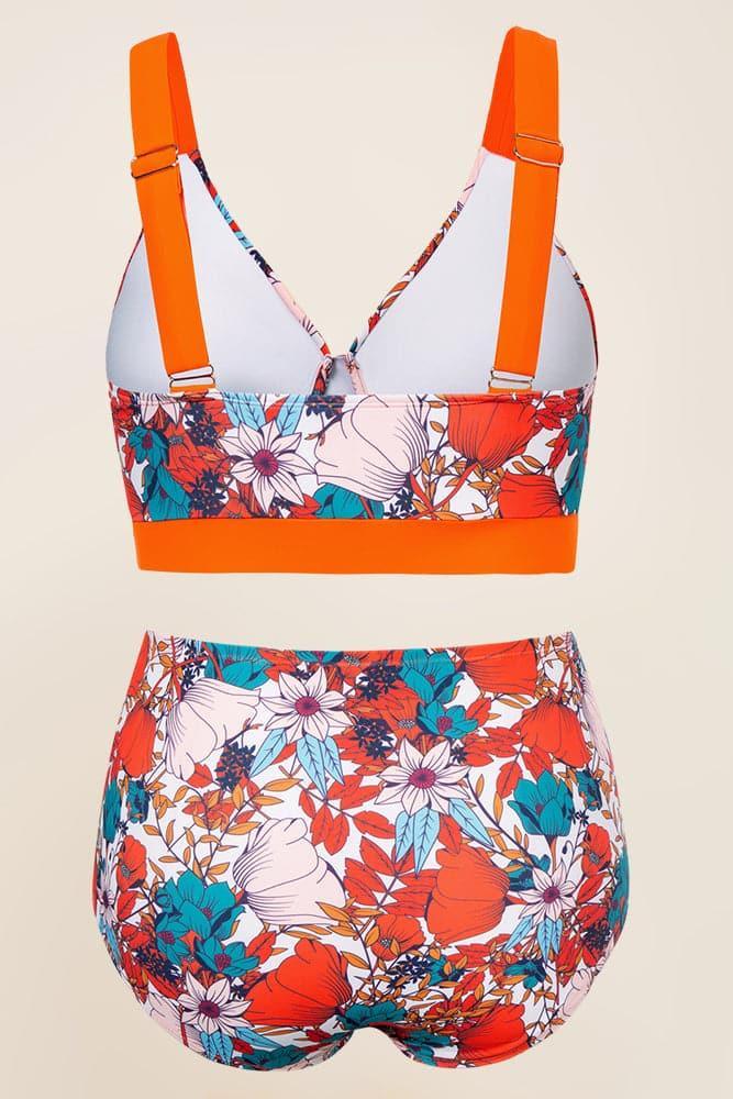 HN Women Plus Size 2pcs Set Swimsuit Cross Over Padded Tops+High Waist Briefs - Hanna Nikole#color_orange-flower