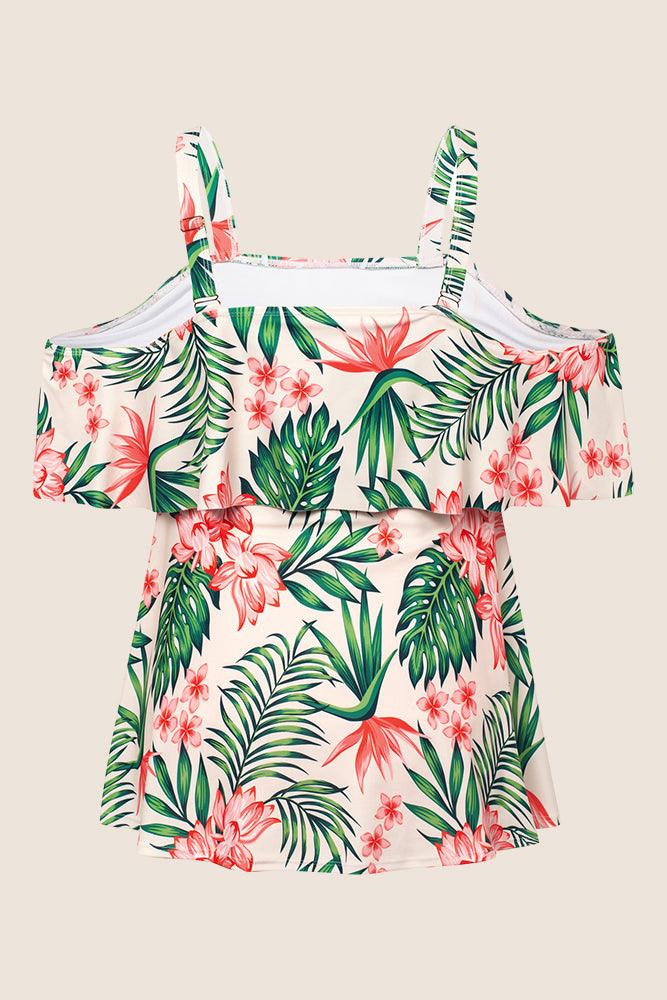 HN Women Plus Size 2pcs Set Swim Suit Padded Swim Tops+High Waist Briefs - Hanna Nikole#color_red-green-flower