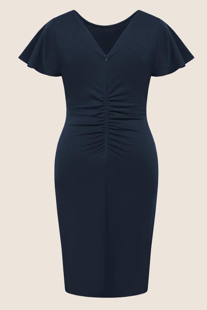 HN Women Plus Size Ruched Dress Short Sleeve Crew Neck Straight Midi Dress - Hanna Nikole#color_navy