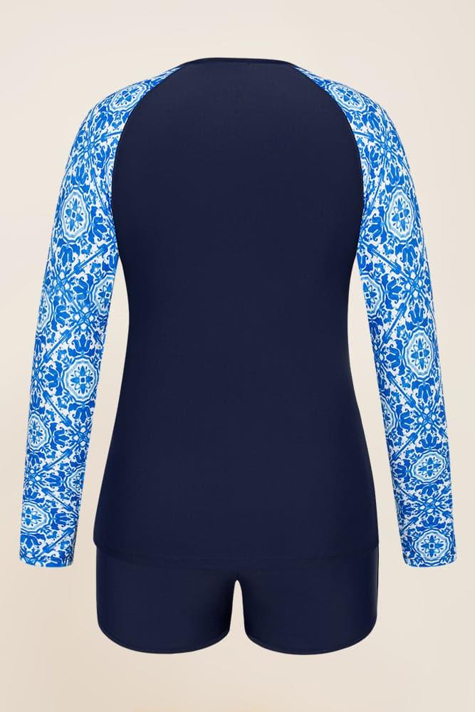 HN Women Plus Size Contrast Color Swimsuit Long Sleeve Tops+High Waist Briefs - Hanna Nikole#color_blue-white-porcelain