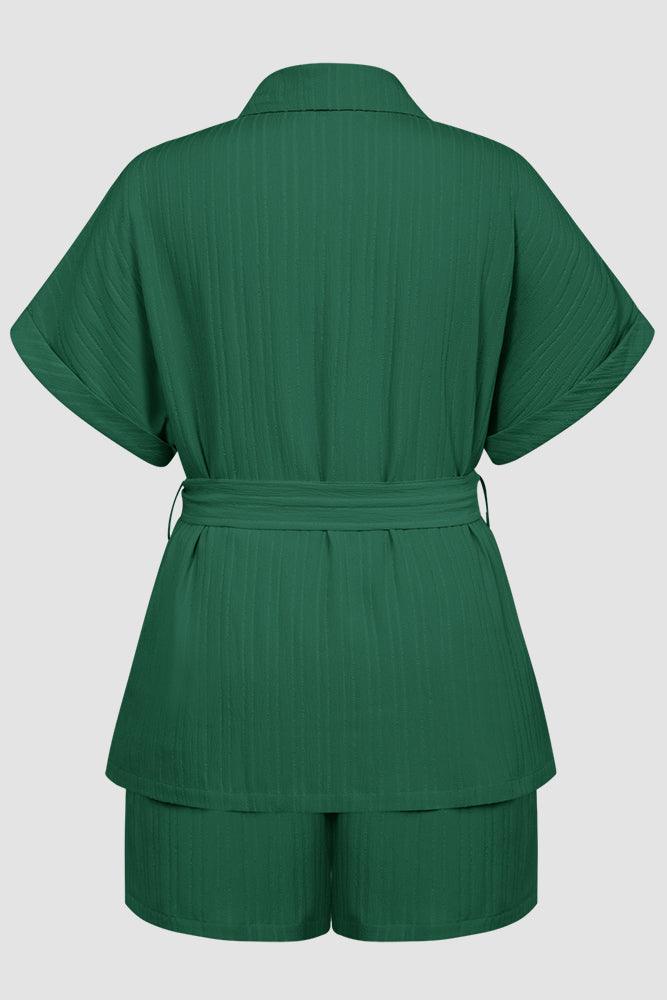 HN Women Plus Size Casual Outfits Short Sleeve Lapel Collar Tops+Wide Leg Shorts - Hanna Nikole#color_green
