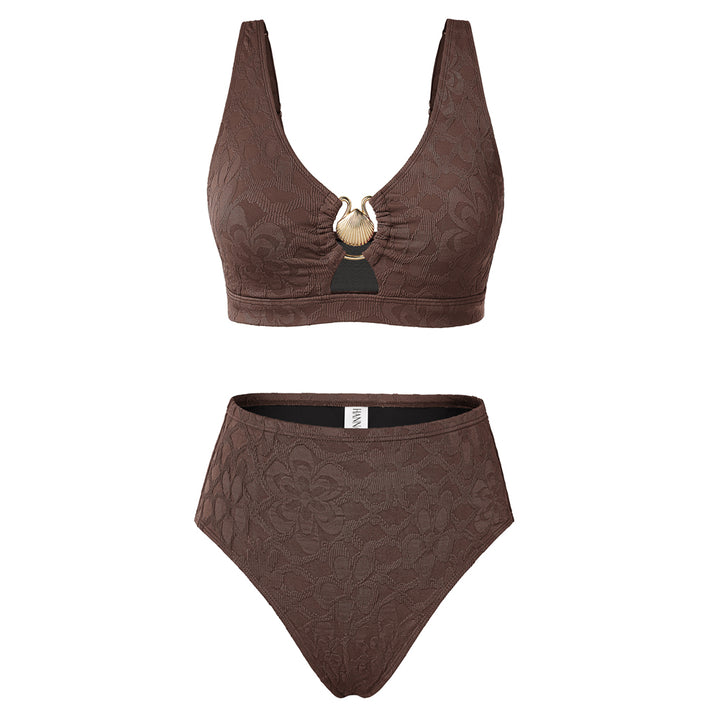 Hanna Nikole Women High Waisted Bikini Sets, 2 Piece Swimsuits Tummy Control, Textured Bathing Suit, Metal Cutout Swimwear