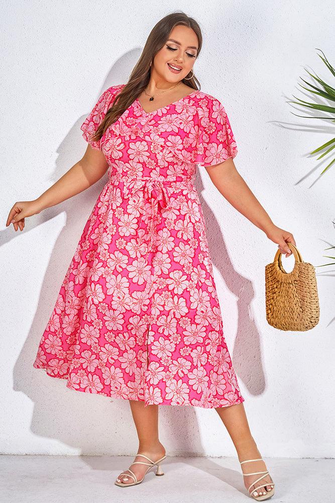 HN Women Plus Size Elastic Waist Dress V-Neck Front Slit Flared A-Line Dress - Hanna Nikole#color_pink-flowers