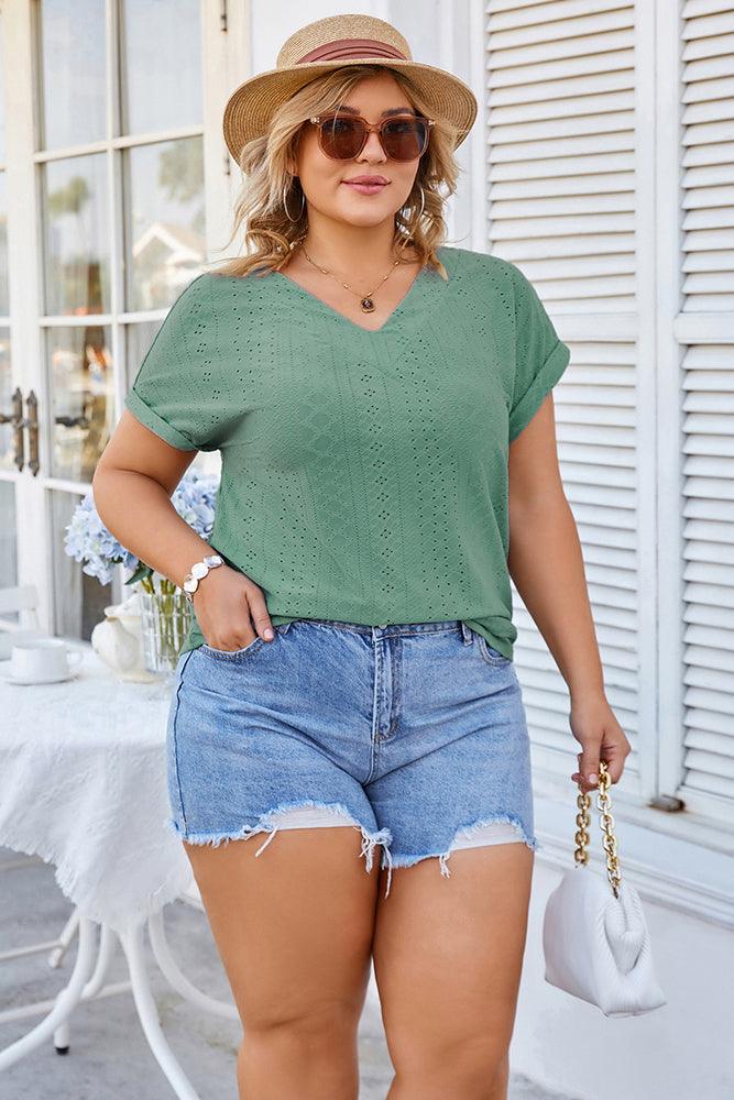 HN Women Plus Size Hollowed-out Tops Short Batwing Sleeve V-Neck Pullover Tops - Hanna Nikole