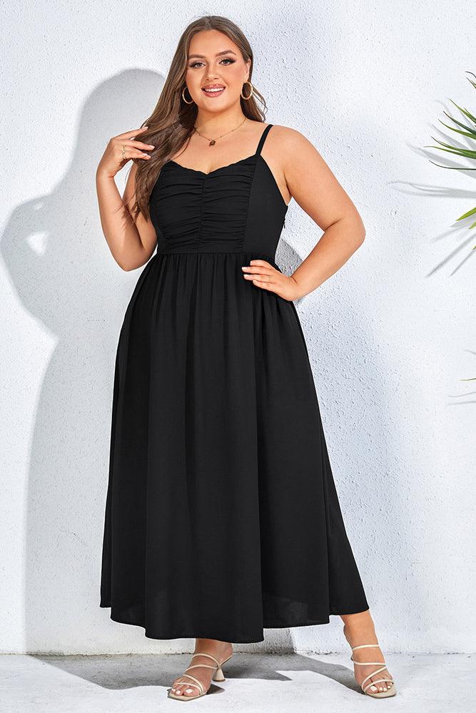 HN Women Plus Size V-Neck Maxi Dress Spaghetti Straps Ruched A-Line Dress - #color_black