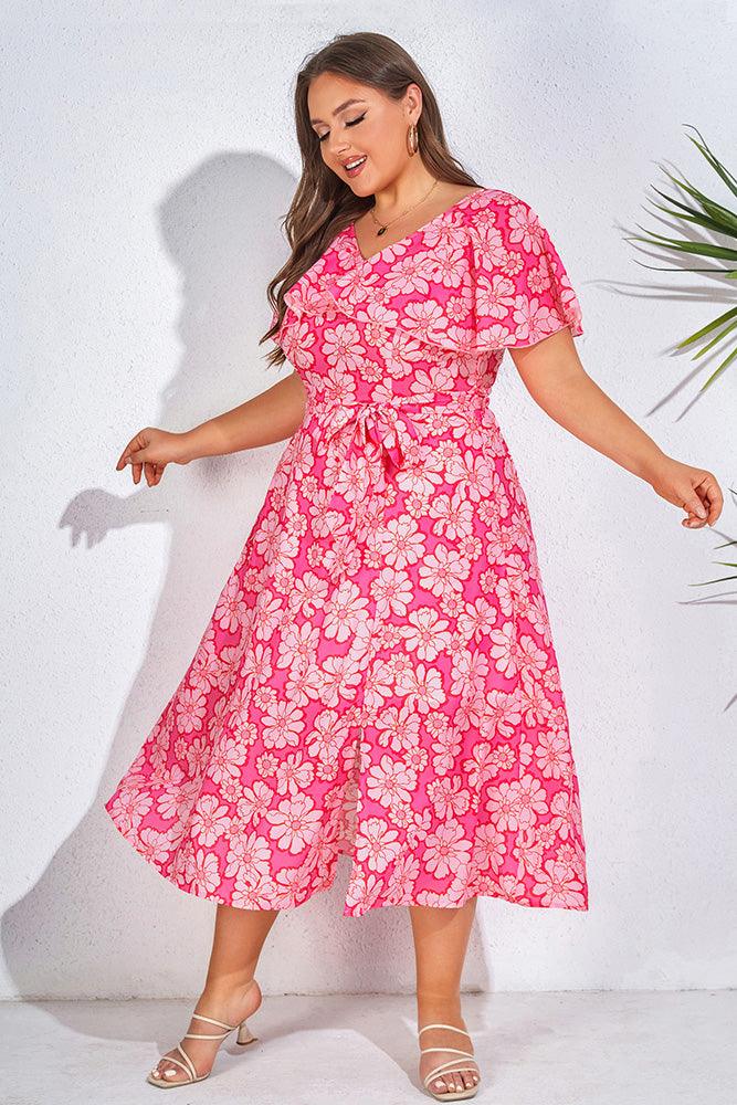 HN Women Plus Size Elastic Waist Dress V-Neck Front Slit Flared A-Line Dress - Hanna Nikole#color_pink-flowers
