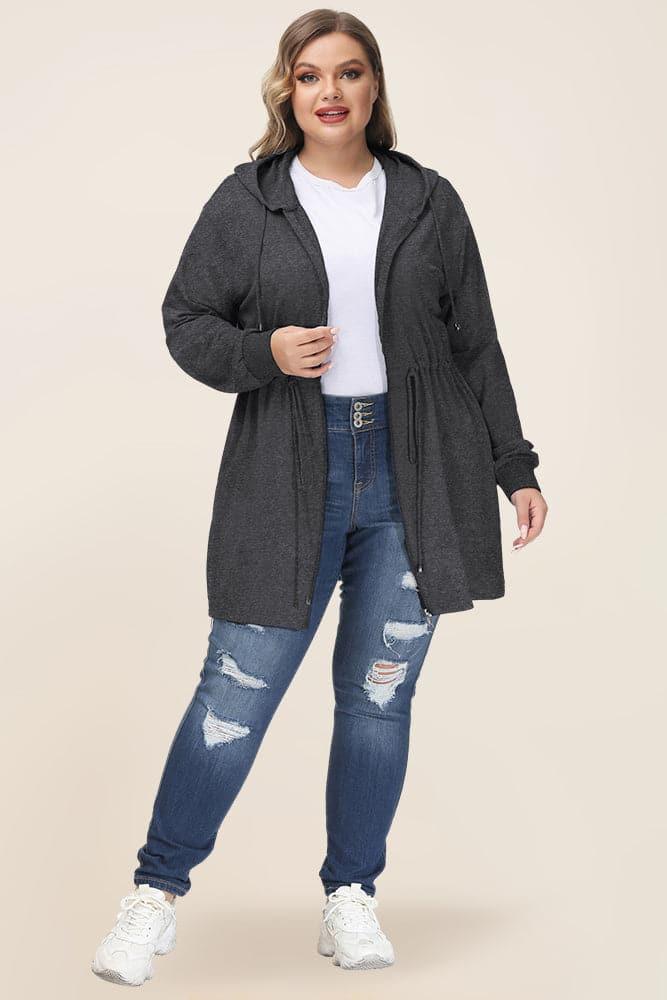 HN Women Plus Size Drawstring Waist Coat Long Sleeve Zip-up Hooded Coat - Hanna Nikole
