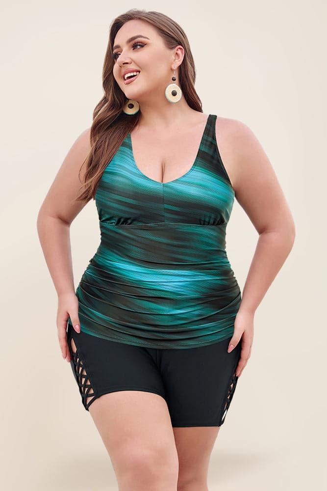 HN Women Plus Size 2pcs Set Padded Tops+High Waist Briefs Tankini - Hanna Nikole#color_blue-green-stripe