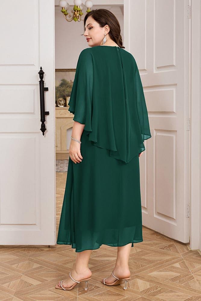 HN Chiffon Party Cape Sleeve V-Neck Defined Waist Dress - Hanna Nikole#color_dark-green