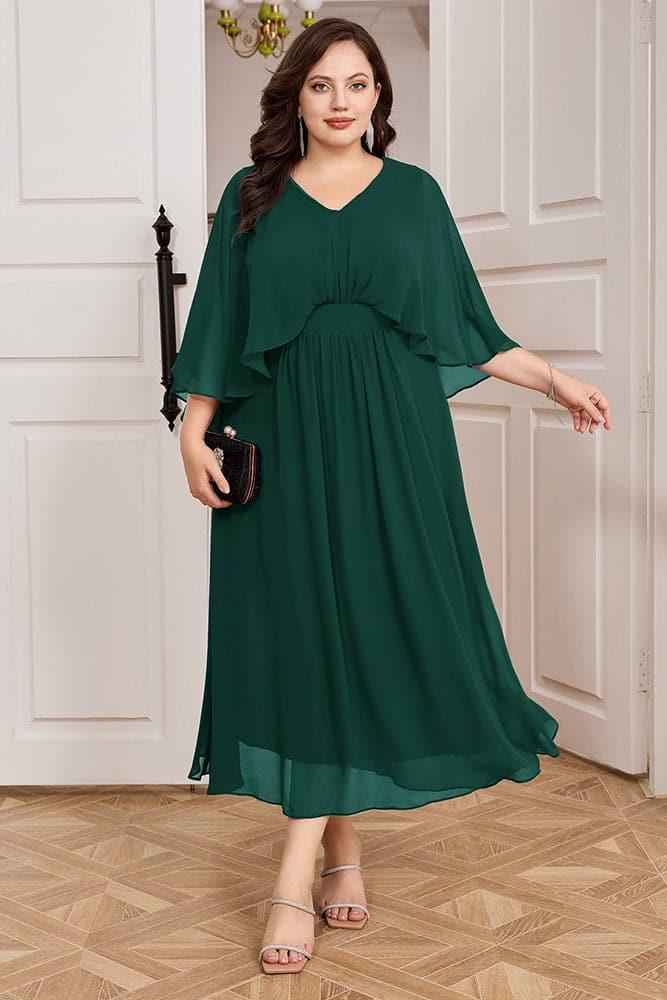 HN Chiffon Party Cape Sleeve V-Neck Defined Waist Dress - Hanna Nikole#color_dark-green