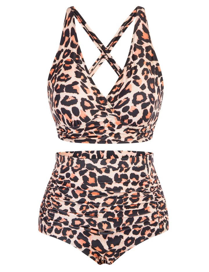 Hanna Nikole Women's Plus Size Halter V Neck Bikini Swimsuits High Waisted Ruched Tummy Control Swimwear