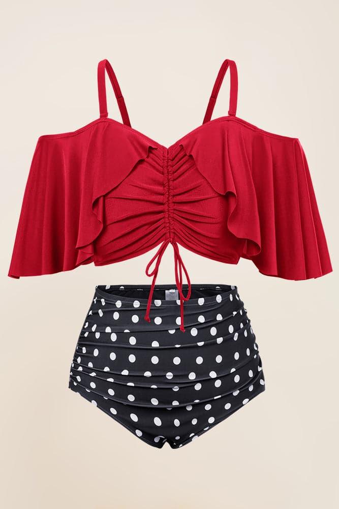HN Women Plus Size 2pcs Set Swimsuit Padded Swim Tops+High Waist Ruched Briefs - Hanna Nikole#color_white-polka-dots