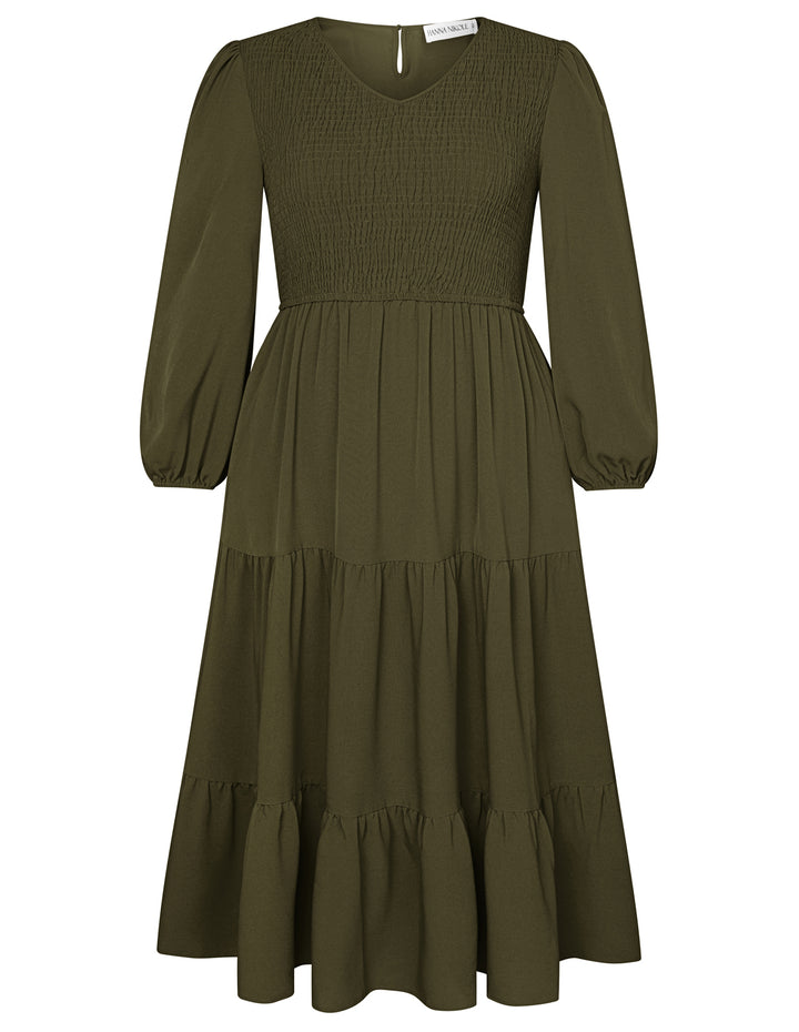 HN Women Plus Size Elastic Waist Dress Long Sleeve V-Neck Tiered A-Line Dress
