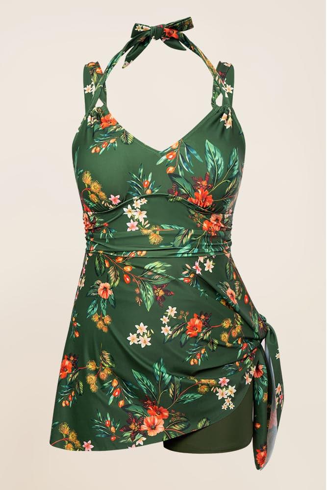 HN Women Plus Size 2pcs Set Irregular Hem Padded Dress+Briefs Swimwear - Hanna Nikole#color_green-flowers