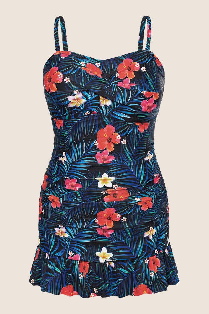 HN Women Plus Size 2pcs Set Swimsuit Ruffled Hem Padded Swim Dress+Briefs - Hanna Nikole#color_red-flower