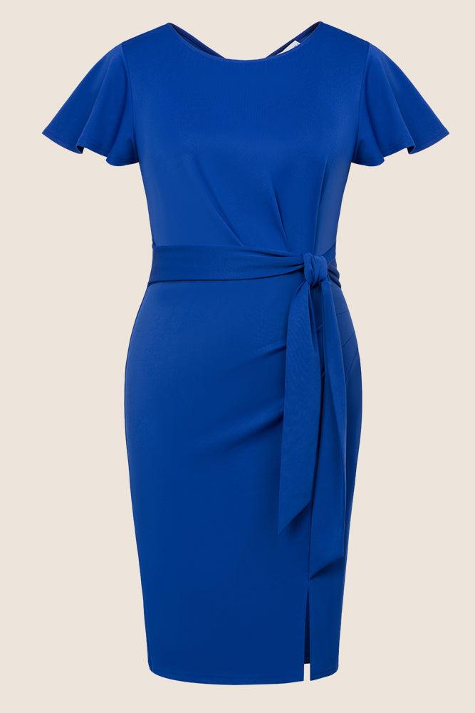 HN Women Plus Size Ruched Dress Short Sleeve Crew Neck Straight Midi Dress  - Hanna Nikole#color_blue