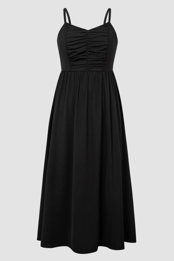 HN Women Plus Size V-Neck Maxi Dress Spaghetti Straps Ruched A-Line Dress - #color_black