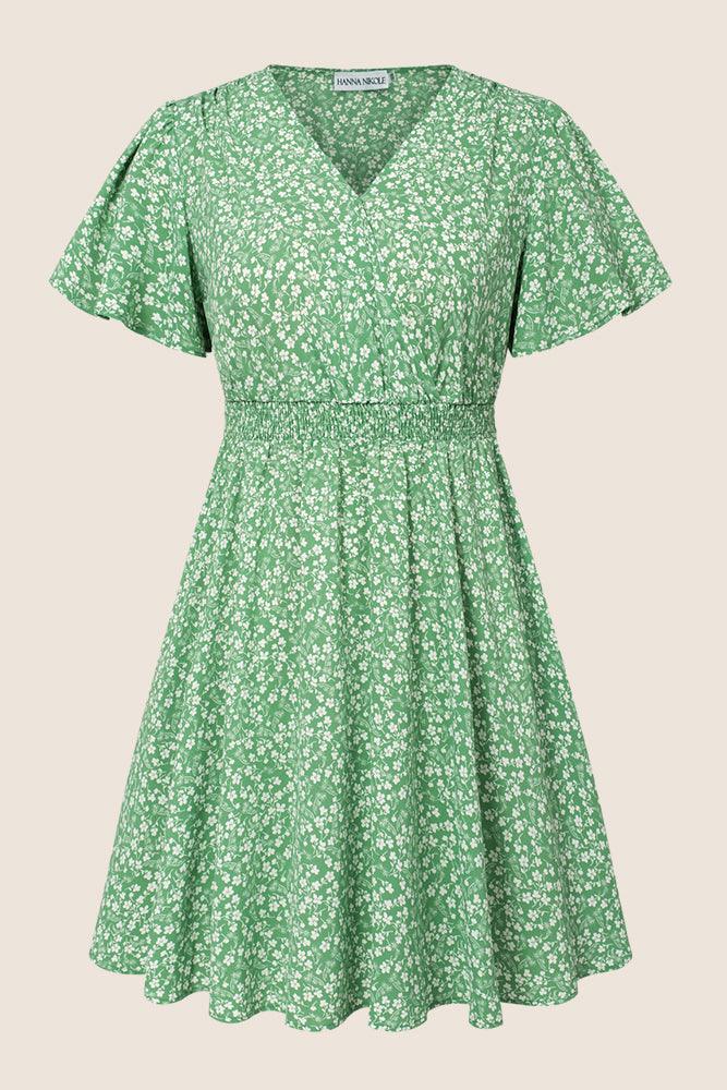 HN Women Plus Size Surplice V-Neck Dress Short Flounce Sleeve A-Line Dress - Hanna Nikole#color_green