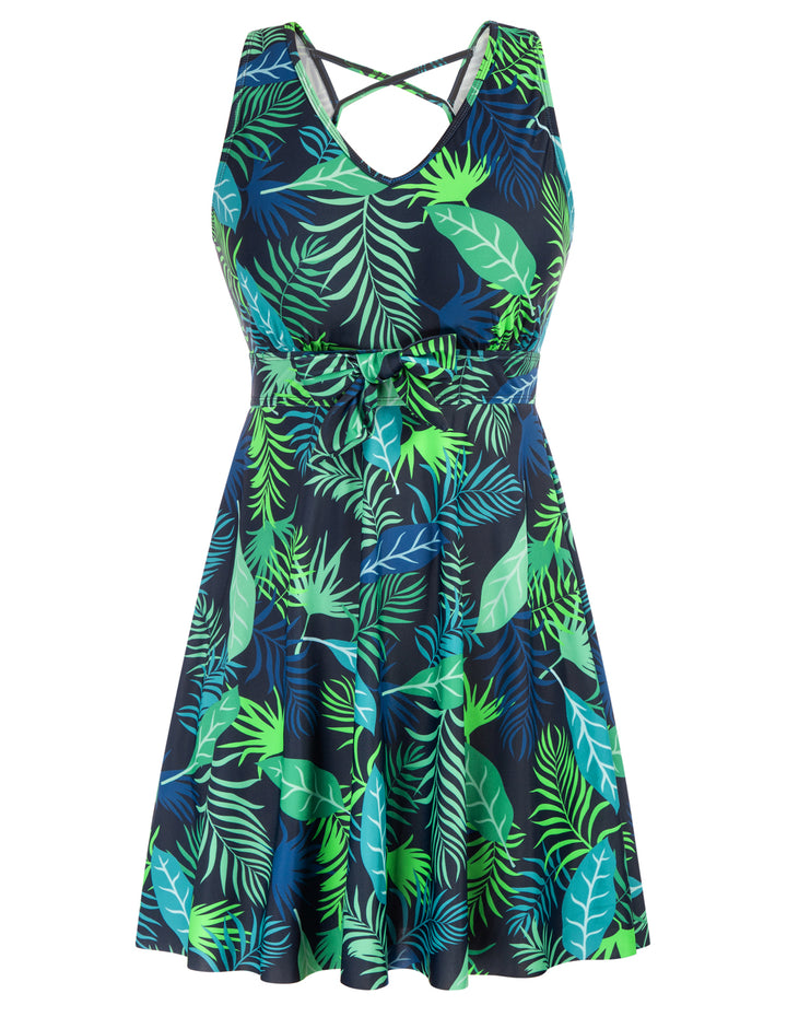 KK Women Separated Swimsuit Sleeveless V-Neck Swim Dress+Briefs Swimwear