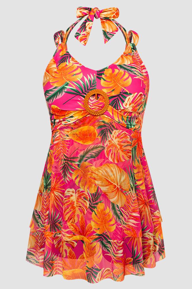 HN Women Plus Size 2pcs Set Swimsuit V-Neck Padded Swim Dress+Briefs Swimwear - Hanna Nikole#color_rose-red-print-flower