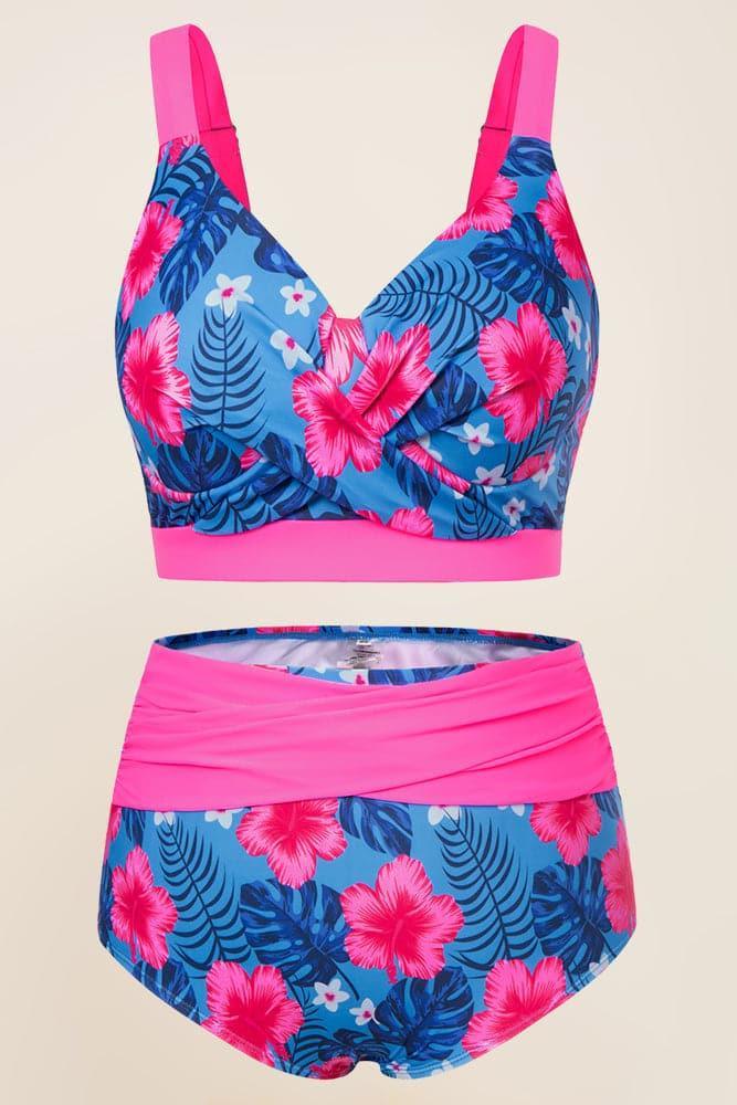HN Women Plus Size 2pcs Set Swimsuit Cross Over Padded Tops+High Waist Briefs - Hanna Nikole#color_blue-flower