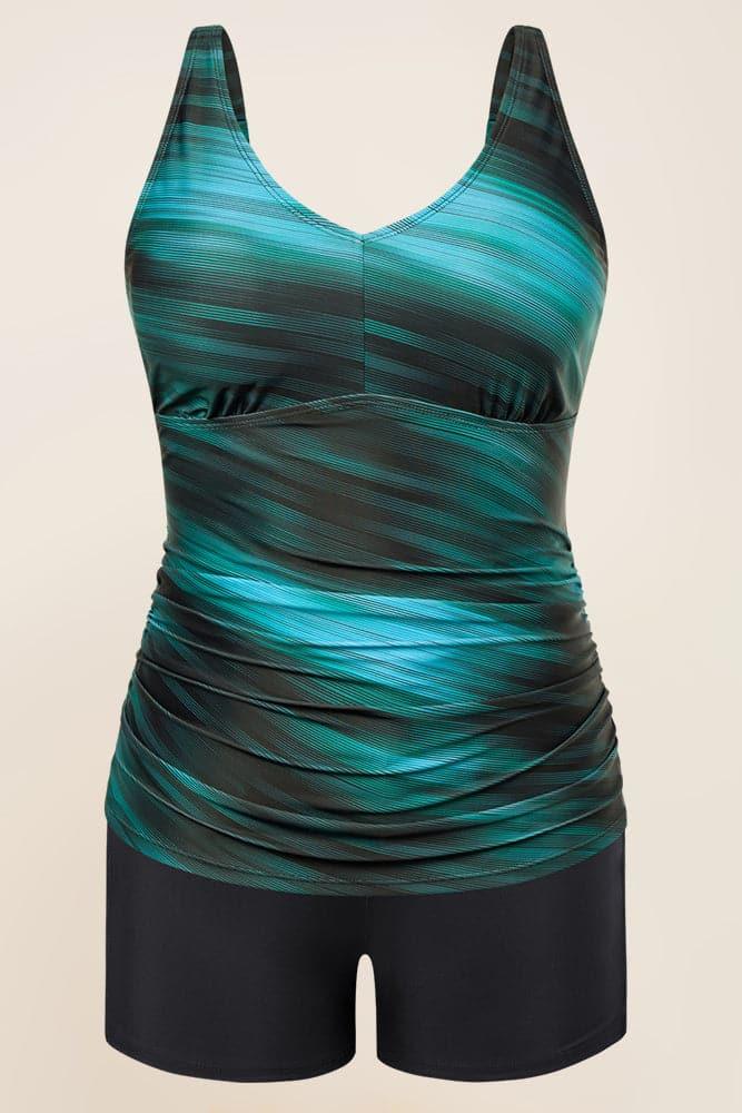 HN Women Plus Size 2pcs Set Padded Tops+High Waist Briefs Tankini - Hanna Nikole#color_blue-green-stripe