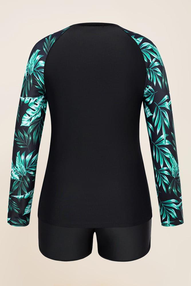 HN Women Plus Size Contrast Color Swimsuit Long Sleeve Tops+High Waist Briefs - Hanna Nikole#color_green-leaves