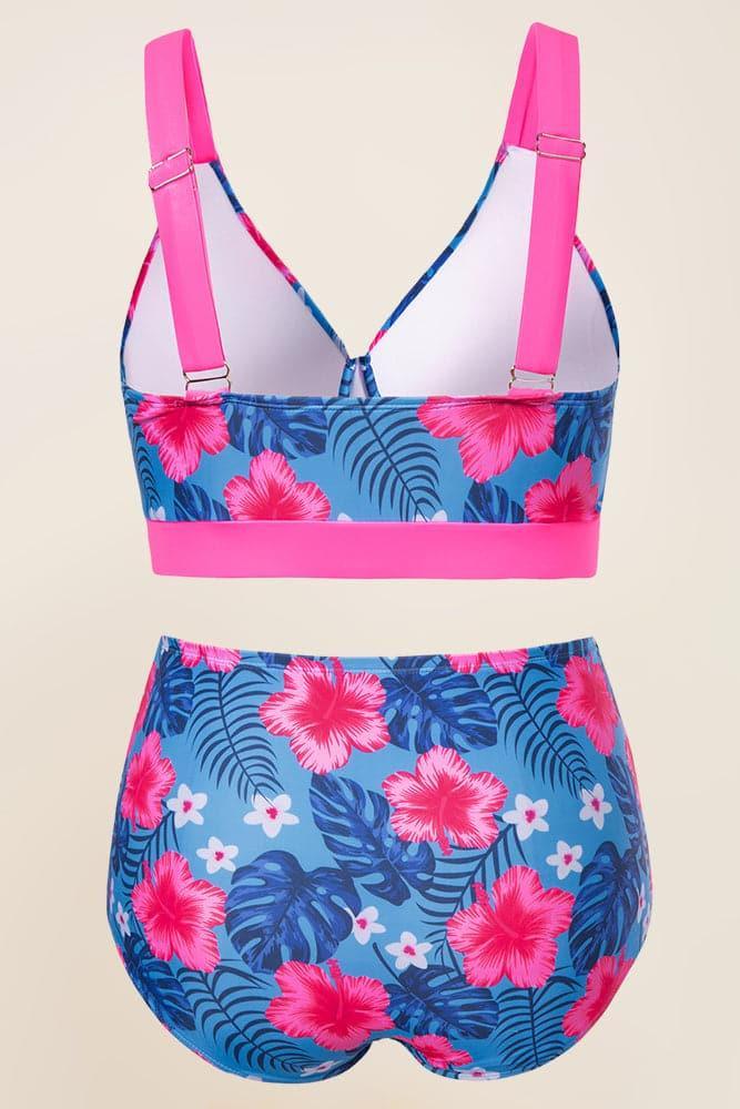 HN Navy Stripe Plus Size 2pcs Set Swimsuit Cross Over Padded Tops+High Waist Briefs - Hanna Nikole#color_blue-flower